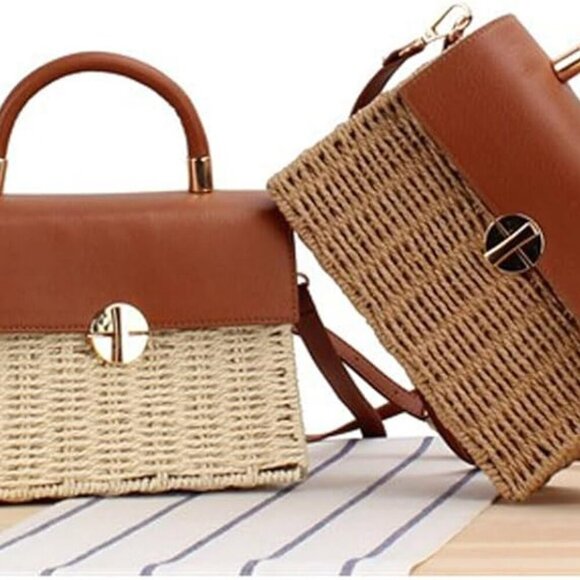 Woven Straw Beach Bag Summer Leather Flip Handbag Women's Casual Shoulder - Picture 7 of 7